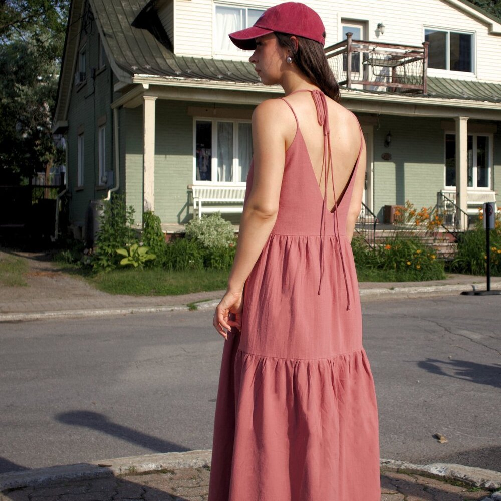 Pink Cotton Maxi Dress | Backless Summer Dress | Adjustable Straps | Layered - Picture 4 of 4